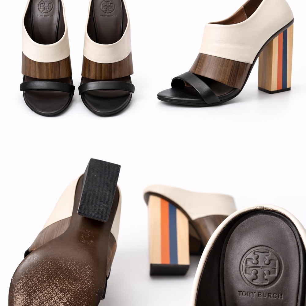 Tory Burch Black and Cream Heels with Wooden Accents